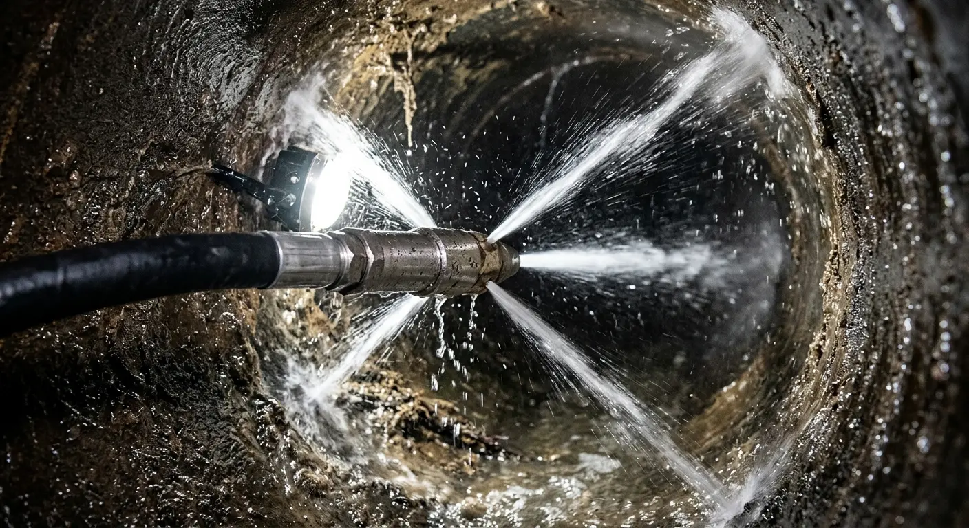 High-pressure hydro jetting nozzle cleaning sewer pipe for Emergency Drain Service in Allen Park